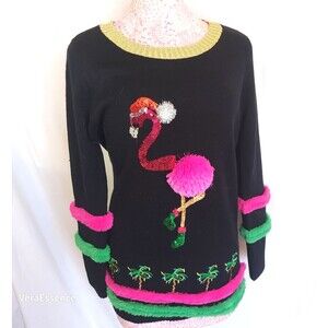 HOLIDAY TIME UGLY CHRISTMAS Women Sz M Sweater Palm Trees Flamingo Sequin Black